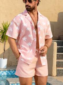 Manfinity Swimmode Men's Casual Beach Set Short Sleeve Shirt & Shorts, Simple & Fashionable For Daily Wear Men Swim Trunks,Hawaiian