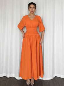 Firerie Damen elegantes Sommer Lässig Pendler Urlaub orange helle Farbe V-Ausschnitt Kurzarm Taillengegurtetes A-Linien Midi-Kleid