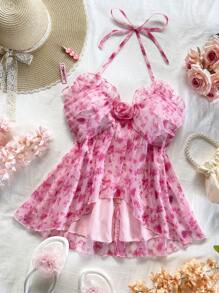 Soleia 女士度假情人节粉色浪漫荷叶边碎花露背上衣 - 淺粉色 - 查看 4