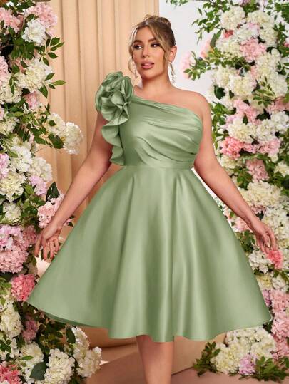 Lovelzi Plus Size Women Elegant Romantic Satin One Shoulder Exaggerated 3D Floral Asymmetric Midi Dress, Suitable For Balls, Galas, Formal Parties, Party Dress, Wedding Guest Dress, Prom Dress