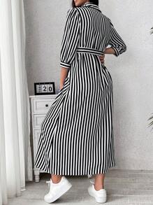 SHEIN Váy sơ mi dài tay in họa tiết sọc tự buộc cho bà bầu - màu đen - Xem 2
