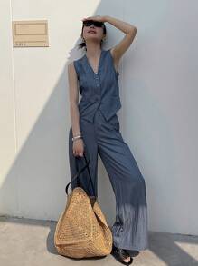 2 piezas conjunto de chaleco y pantalones vaqueros de mujer, de moda para el verano - Lavado ligero - Ver 7