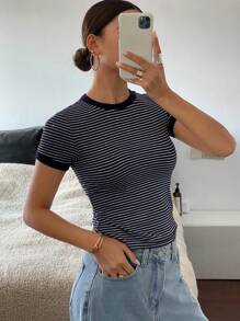 Livesso Women's Casual Striped Short Sleeve Fitted T-Shirt, Summer - Blue - View 5