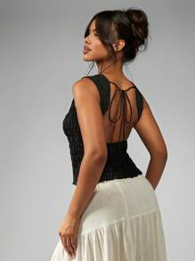 MISSGUIDED 衬衫烟熏背心无袖夏季卡米褶皱休闲弹力高级时尚质感基本款必备春节演唱会派对吊带背心弹力上衣 - 黑色 - 查看 2