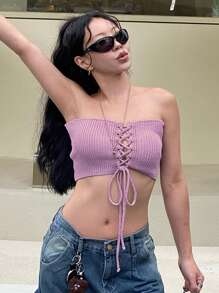 DAZY Women Lace-Up Knitted Tube Top Crop Top - Purple - View 5