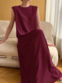 Heiryn Women Sleeveless Solid Color Arabic Style Dress Suitable For Summer - Burgundy - View 5