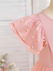 SHEIN Glamorique Kids Vestido de niña con mangas de malla con cuentas de perlas, el diseño de perlas se ve noble y elegante, adecuado para fiestas, reuniones y varias ocasiones, mostrando una noble gracia