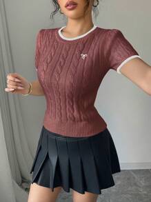 Elenzga Women's Crew Neck Bow Embroidery Short Sleeve Knit Top - Redwood - View 6