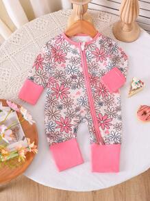 Baby Girl Floral Print All-In-One Long Sleeve Jumpsuit, Lightweight, Casual, Spring/Summer, Light Pink - Baby Pink - View 1