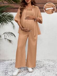 SHEIN 2pcs Maternity Solid Color Half Sleeve Shirt & Adjustable Waist Pants Casual Set - Khaki - View 1