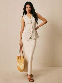 Poéselle 1pc Women's Solid Color Single-Breasted V-Neck Sleeveless Casual Shirt - Apricot - View 5
