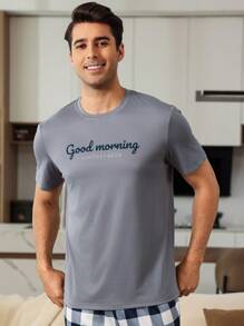 Manfinity Underwear&Sleepwear Basics Parte superior de pijama de cuello redondo con estampado de letra para hombres, conjunto de ropa de casa de verano