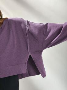 WESTFADE Cute Crewneck Split Hem Exposed Seam Boxy Long Sleeve Cropped Cotton Sweatshirt - Purple - View 4