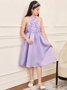 SHEIN 少女花卉贴花立领无袖优雅连衣裙 - 淡紫色 - 查看 4