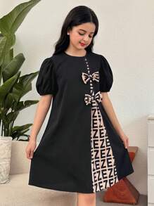 SHEIN Tween Girls Casual Loose A-Line Colorblock Bow Decor 3D Bubble Short Sleeve Dress - Black - View 1