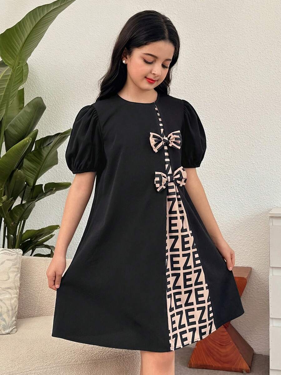 SHEIN Tween Girls Casual Loose A-Line Colorblock Bow Decor 3D Bubble Short Sleeve Dress - Black - View 1