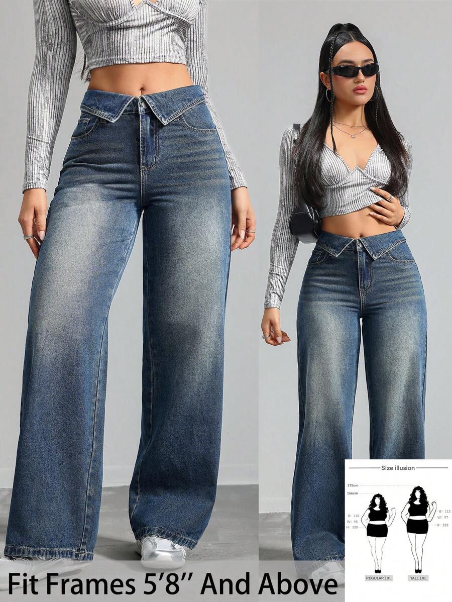 SHEIN Tall CURVE 女士加大码蓝色牛仔翻领高腰阔腿直筒裤，适合夏季、度假女性、复活节、春季、西部风、女性办公室、狂欢派对、迎婴派对、乡村风、乡村女性、老派金钱风格女性、外出、节日、牛仔竞技、机场