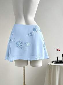 Flirla Neo-Traditional Sexy Sheer Embroidered Green Mini Umbrella Skirt For Women - Blue - View 2