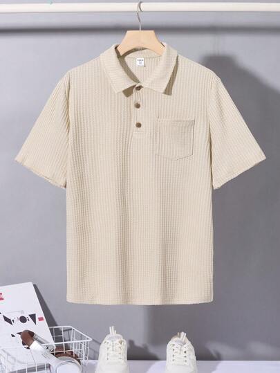 SHEIN Teen Boys' All-Match Solid Color Waffle Texture Knit Polo Shirt, Casual & Comfortable, Suitable For Spring & Summer