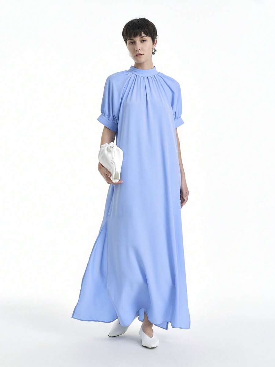 SHEIN Clasi Women's Elegant Casual Commuting Vacation Solid Color Mid-High Collar Raglan Sleeve Loose Side Slit Long Dress, Spring/Summer - Baby Blue - View 1
