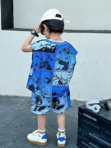 2pcs Kids Young Boys Leisure Japanese And Korean Academy Comfortable, Fashionable, Simple, Practical, Versatile Cartoon Anime Printed Loose Tank Top And Shorts Two Pieces Set, Suitable For Outdoor Play, School, Street Photography, Party And Home Leisure, Suitable For School, Sports, Vacation, Home And Outdoor, Suitable For Spring And Summer Seasons