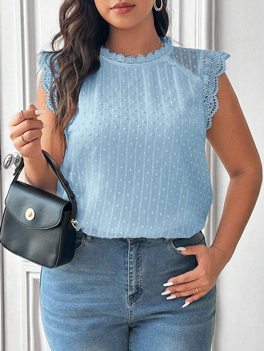 SHEIN Frenchy Plus Size Summer Casual Solid Color Lace Patchwork Sleeveless Shirt - Baby Blue - View 1