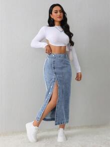 SHEIN Tall Falda vaquera de mujer, casual y holgada, con abertura lateral, azul, midi, para mujeres altas, falda azul claro, falda azul, ropa de invierno para mujer