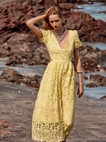 SHEIN LUNE Women's Elegant Solid Color Hollow-Out Long Dress, Summer - Yellow - View 3