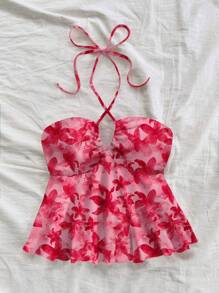 Soleia Women's Casual Holiday Drawstring Chest Ruched Halter Backless Bodycon Tank Top, Suitable For Summer Resort, Floral Print Suitable For Going Out - Multicolor - View 4
