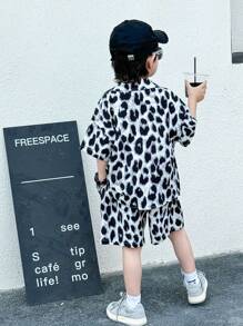SHEIN 2 Pieces Young Boy Casual Sports Leopard Print Shirt And Shorts Set,Summer Kids Outfits For School,Daily Leisure,Vacation,Travel,Birthday Party - Multicolor - View 5