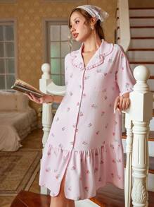 CottageSlumber 女士翻领短袖单纽扣花卉印花睡袍娃娃裙，完美夏季