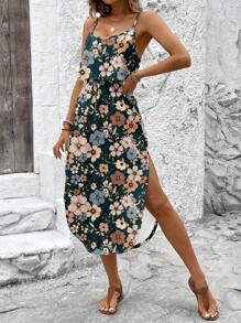 SHEIN LUNE Women's Summer Skin-Friendly Floral Print Waist Cinched Side Slit Slip Dress, Suitable For Summer,Summer Dresses For Women - Multicolor - View 6