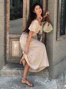 Siren Gaze Women's Solid Color Front Tie Waist Pleated Dress,Vacation Outfits Women,Summer Dresses For Women