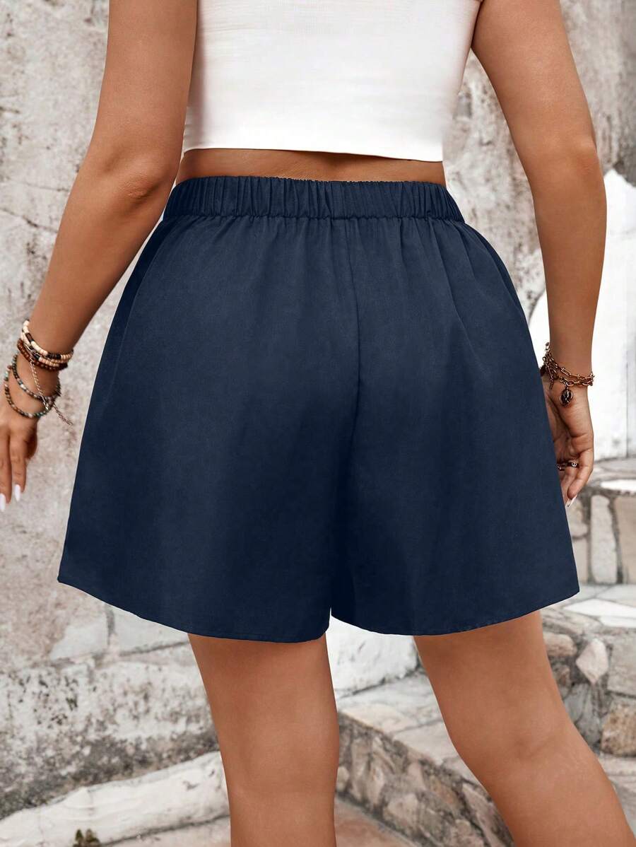 Easura Plus Size Solid Color Casual Shorts, Suitable For Summer - Navy Blue - View 1