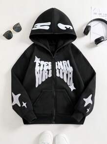 SHEIN Explorewe 青少年女孩连帽时尚图案印花羊毛套头衫，暗黑朋克街头时尚秋冬款 - 黑色 - 查看 1