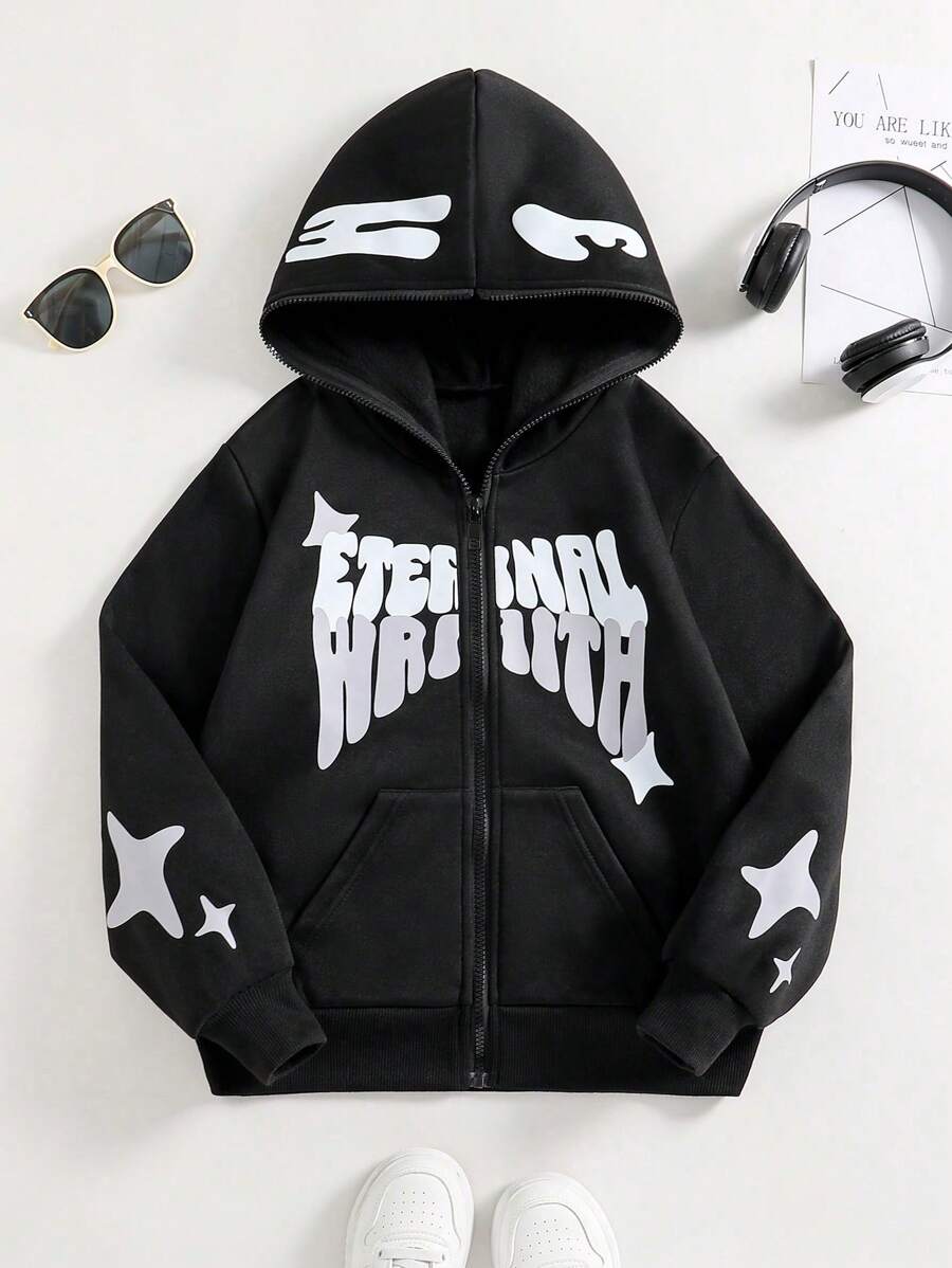 SHEIN Explorewe 青少年女孩连帽时尚图案印花羊毛套头衫，暗黑朋克街头时尚秋冬款 - 黑色 - 查看 1