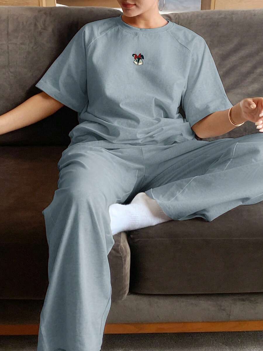 DAZY Minimalist Cute Cartoon Print Raglan Sleeve Loose Homewear Set Pajama - Blue - View 1