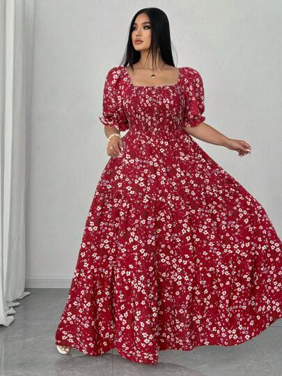 Elenzga Plus Size Ditsy Blommig Casual Miniklänning, snygg för sommaren