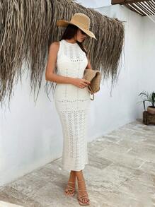 SHEIN Vestido de punto midi sin mangas de marfil de mujer - Diseño de hojas calado, cuello redondo, fluido y ligero para uso de playa o como pieza casual de superposición para el verano