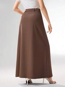 Heiryn 女士休闲通勤简约纯色半身裙 - 棕色 - 查看 4