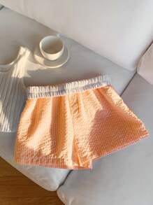 Comfortcana Celana Pendek Wanita Kasual Bergaris dengan Pinggang Elastis, Musim Panas - Burnt Orange - View 6