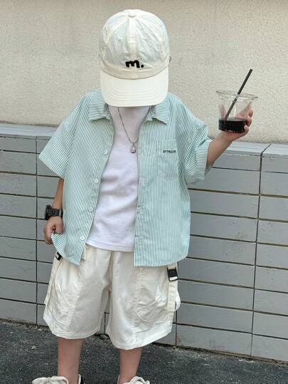 SHEIN Leap Crew 1 件年轻男孩休闲韩版舒适时尚简约实用百搭条纹刺绣宽松衬衫，适合日常穿着、上学、外出、春夏