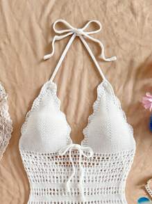 Soleia 欧美风格新款女式性感露背针织吊带镂空系带沙滩裙，春夏 - 白色 - 查看 6