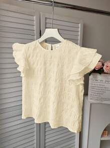 SHEIN Tween Girls Textured Woven Round Neck Ruched Ruffle Trim Cap Sleeve Fitted Casual Top, Resort Style, French Elegant, Suitable For Spring Outing & Vacation
