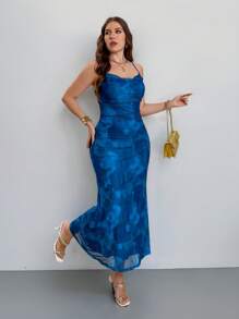 Firerie Plus Size Elegant Commuting Workplace Stylish Vacation Refined Afternoon Tea Slightly Sexy Date Music Concert Party INS Vintage Academic Beachside Photo Shoot Strap Draped Neck Fitted Long Mermaid Dress, Blue Tie Dye Gradient Printing Mesh, Suitable For Valentine's Day, Music Festival
