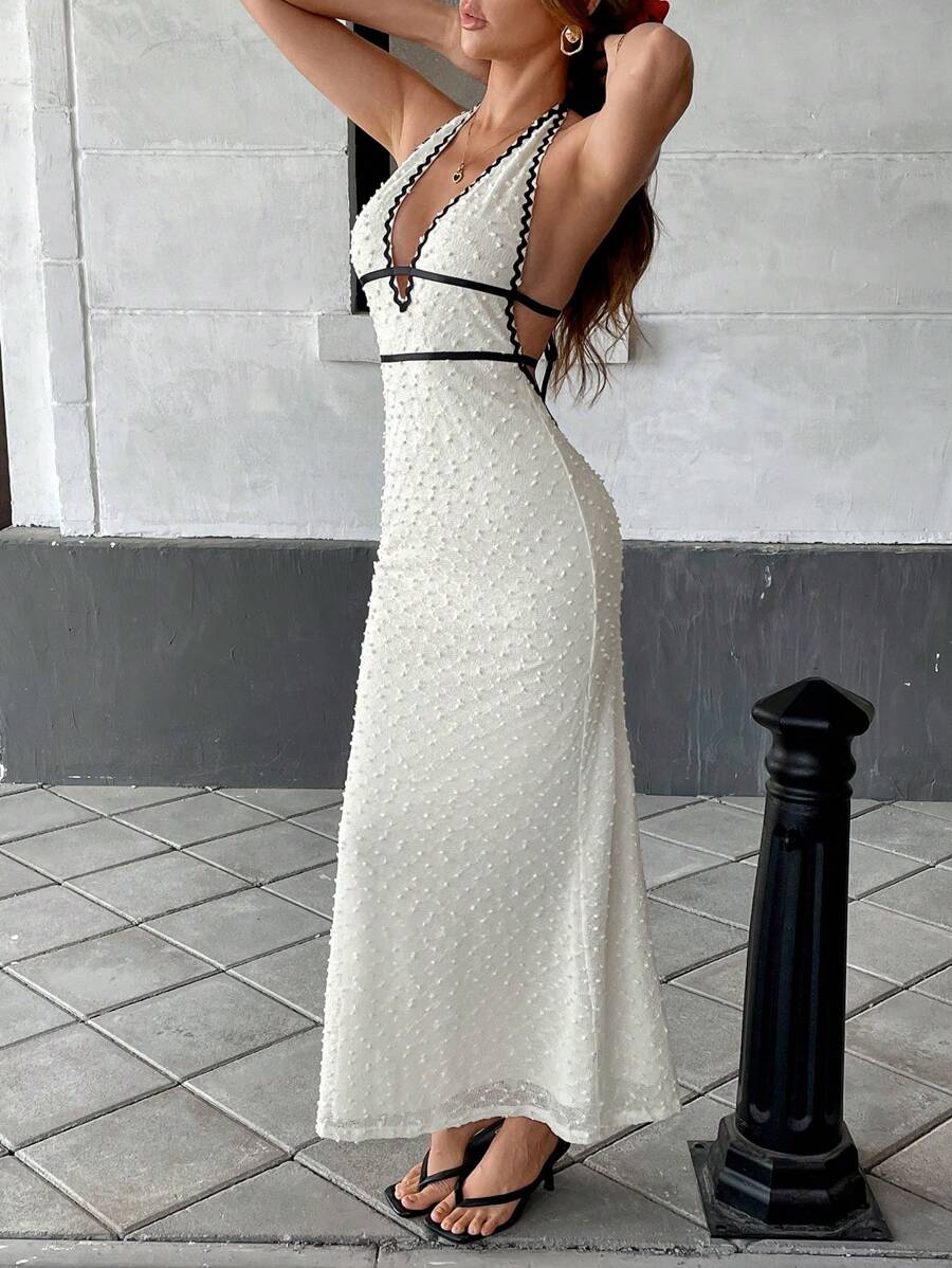 SHEIN Essnce Women's Sexy Deep V Neck Ruffle Trim Dress