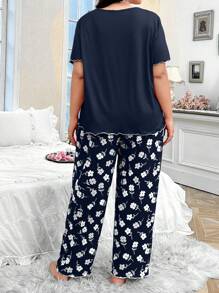 CottageSlumber Słodki koronkowy patchwork z dekoltem w serek i kwiatowym nadrukiem, supermiękki i przyjazny dla skóry, mleczny jedwab, plus rozmiar, swobodny, wygodny zestaw z krótkim rękawem i spodniami, obfity kwiatowy przepych, stroje