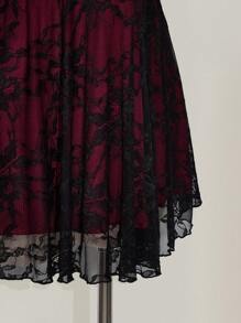 SHEIN ICON Plus Size Square Neck Ruched Lace Color Block Slip Dress, Y2K Party Dress, Halloween, Halloween Costume - Burgundy - View 11