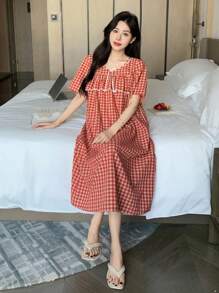 DAZY Cute Plaid Ruffle Edge Patchwork Lace Women Nightgown Pajama, Moo Moo