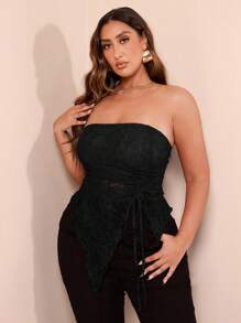 SHEIN BAE 加大码蕾丝不对称吊带背心，适合情人节、夏季、生日 - 黑色 - 查看 3